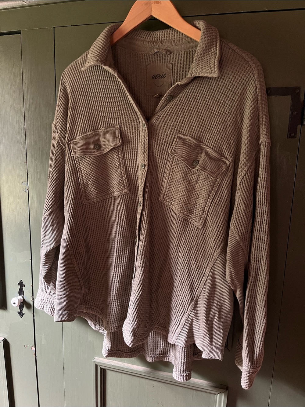 Aerie Women's Waffle Knit Button-Up Shirt Jacket in Green